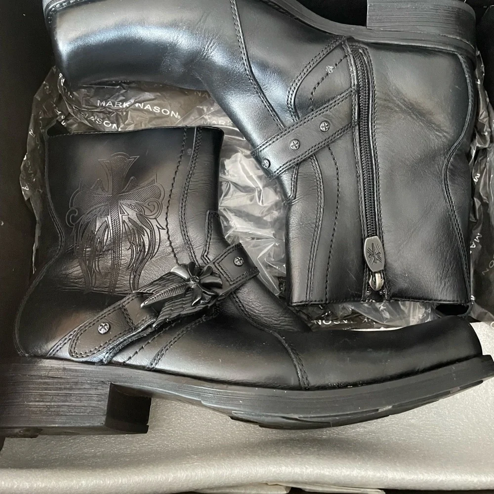 MARK NASON Coolest Black Leather Biker Moto Ankle Boots Cross Studded Skulls 8 - Picture 11 of 15